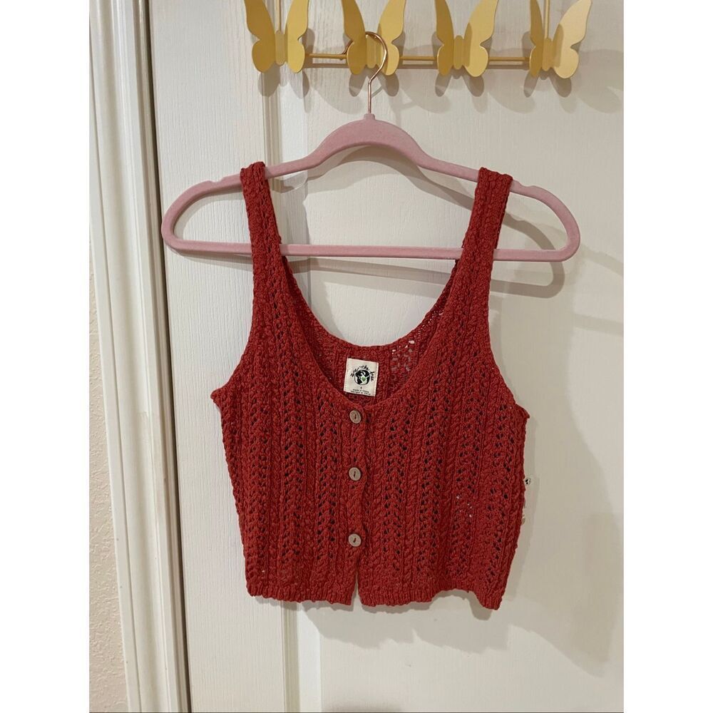 Free People Top Size Small Rust Crochet Knit Tank Top Boho Festival Button Front